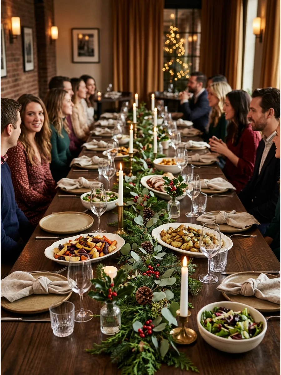 A long wooden table set for a family-style holiday dinner.