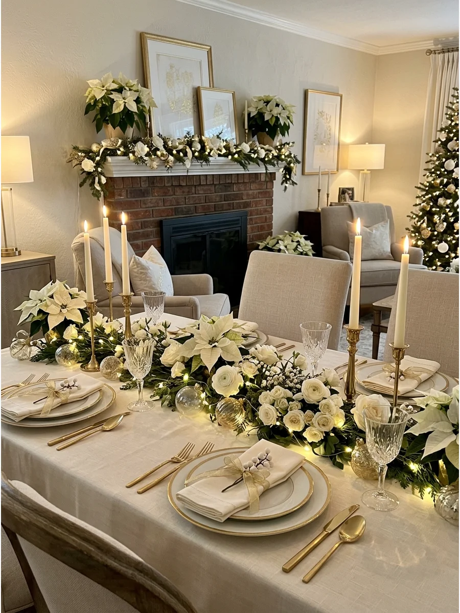A white and gold themed Christmas living room.