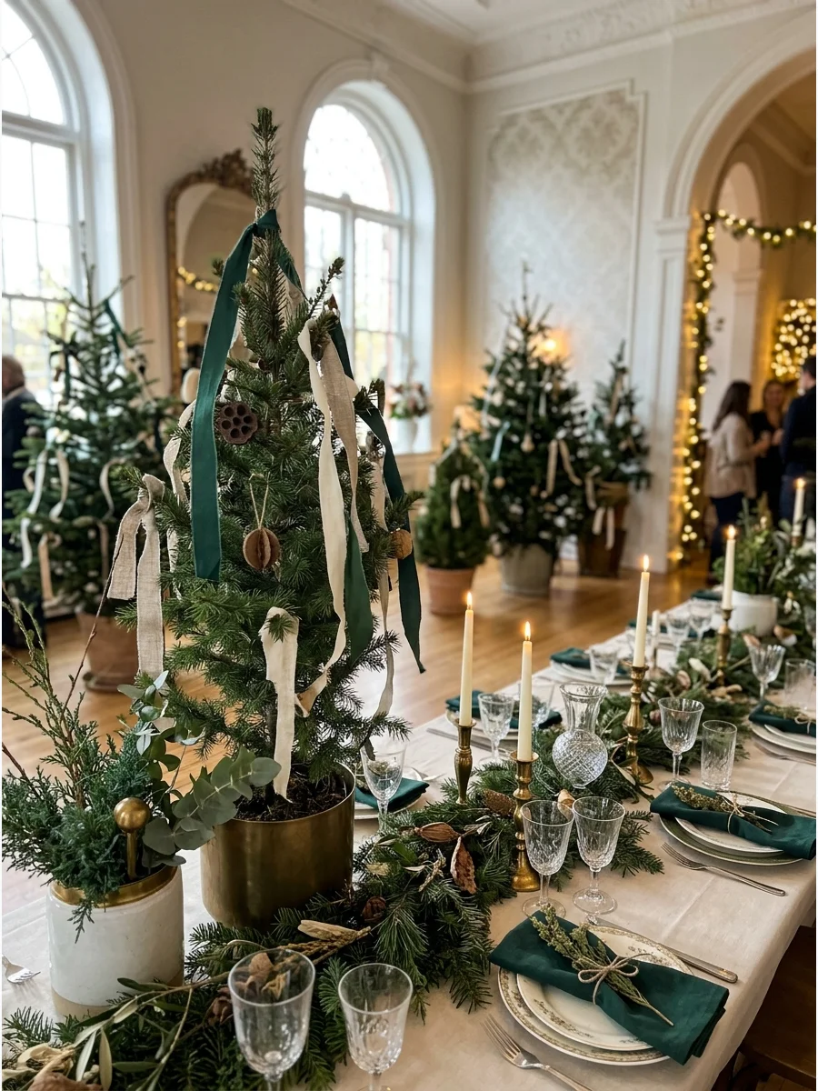 Small potted pine trees decorated with simple fabric ribbons.