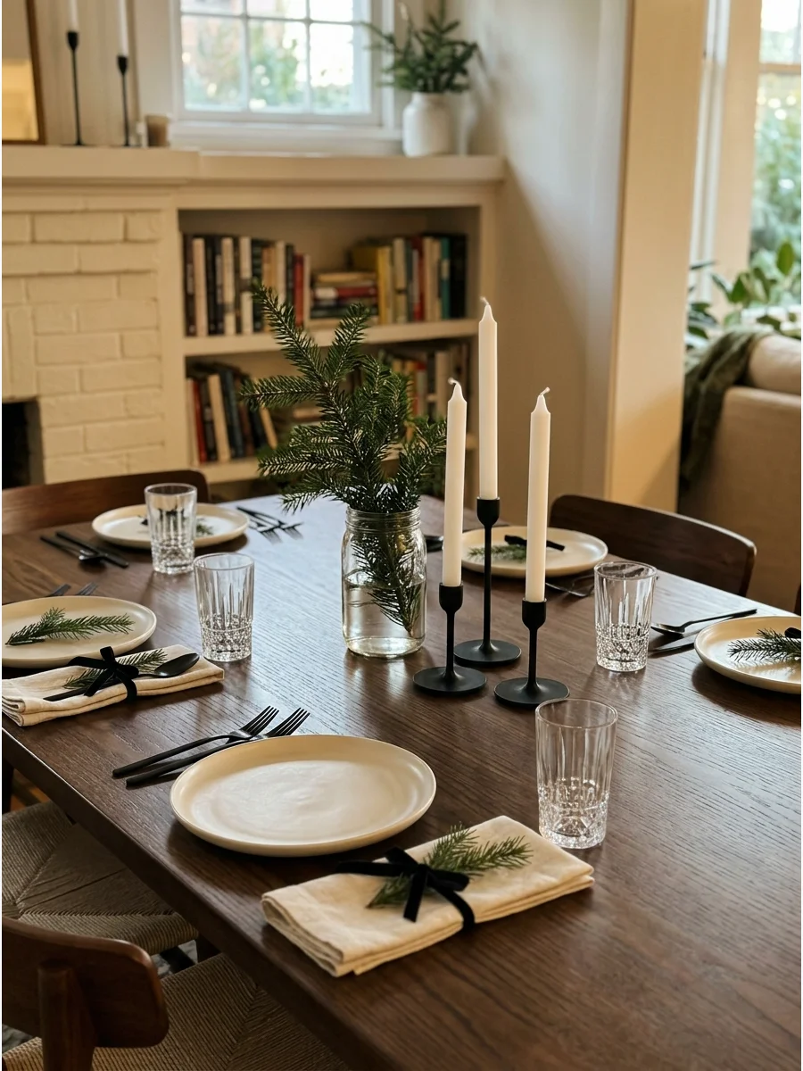 A minimalist Christmas table setting with a wood table and simple green branches.