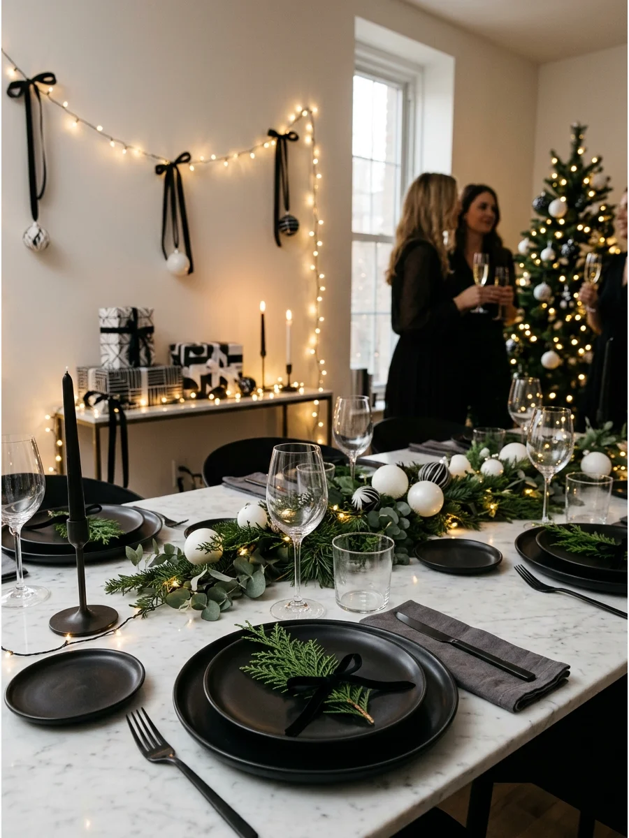 Black and white Christmas table setting with marble and cedar.