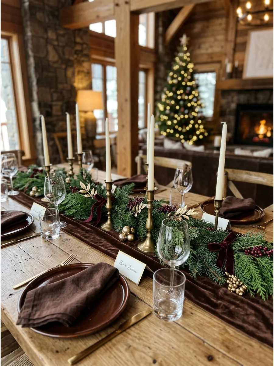 Chocolate brown velvet runner on a wooden table with brass accents.