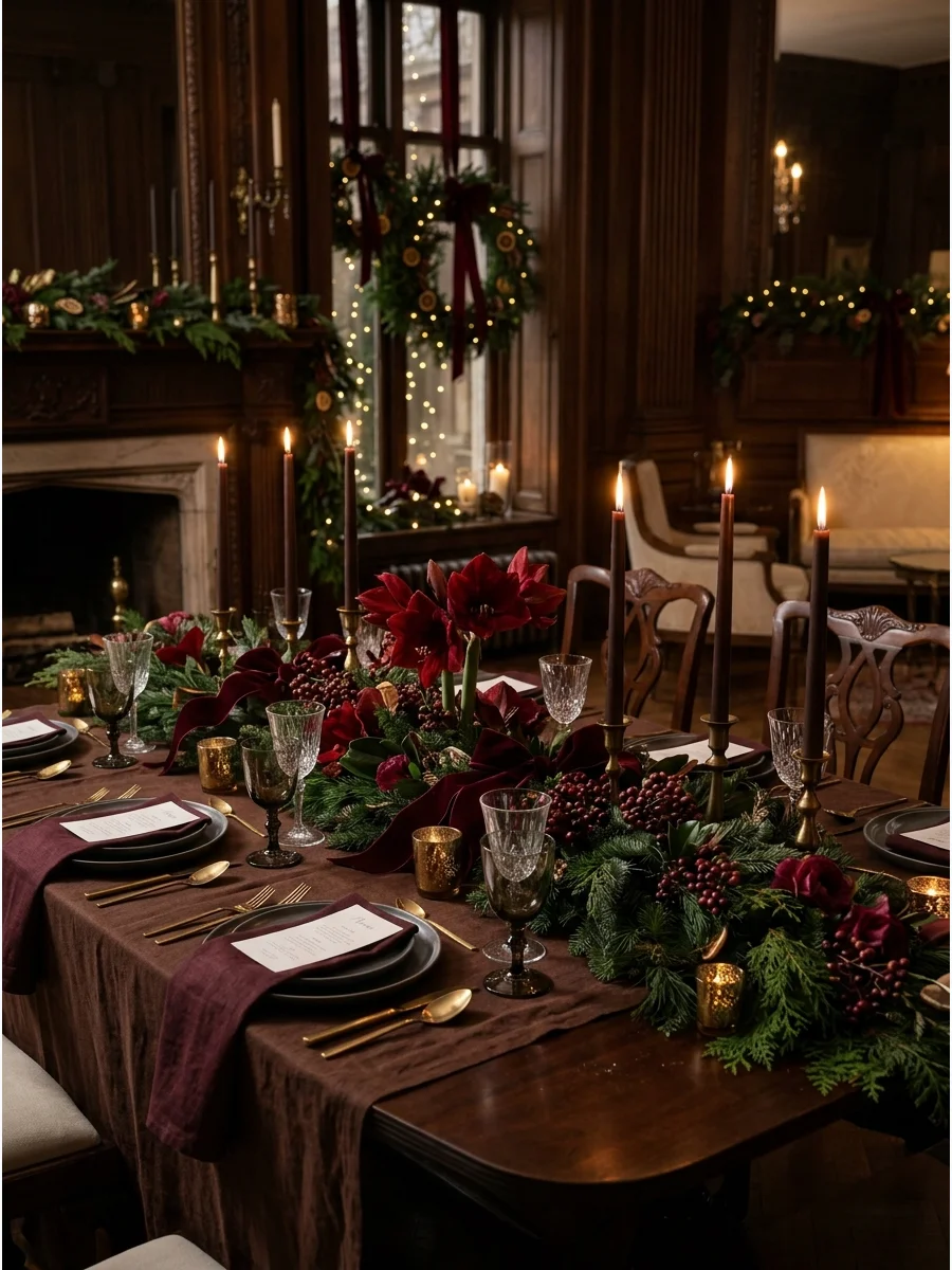 Burgundy and chocolate brown table setting with dark wood.
