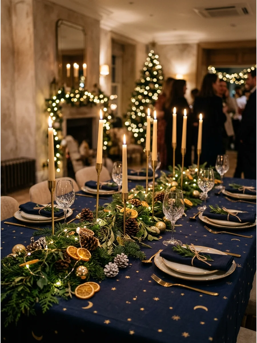 Navy blue and gold Christmas party decor in a ballroom.