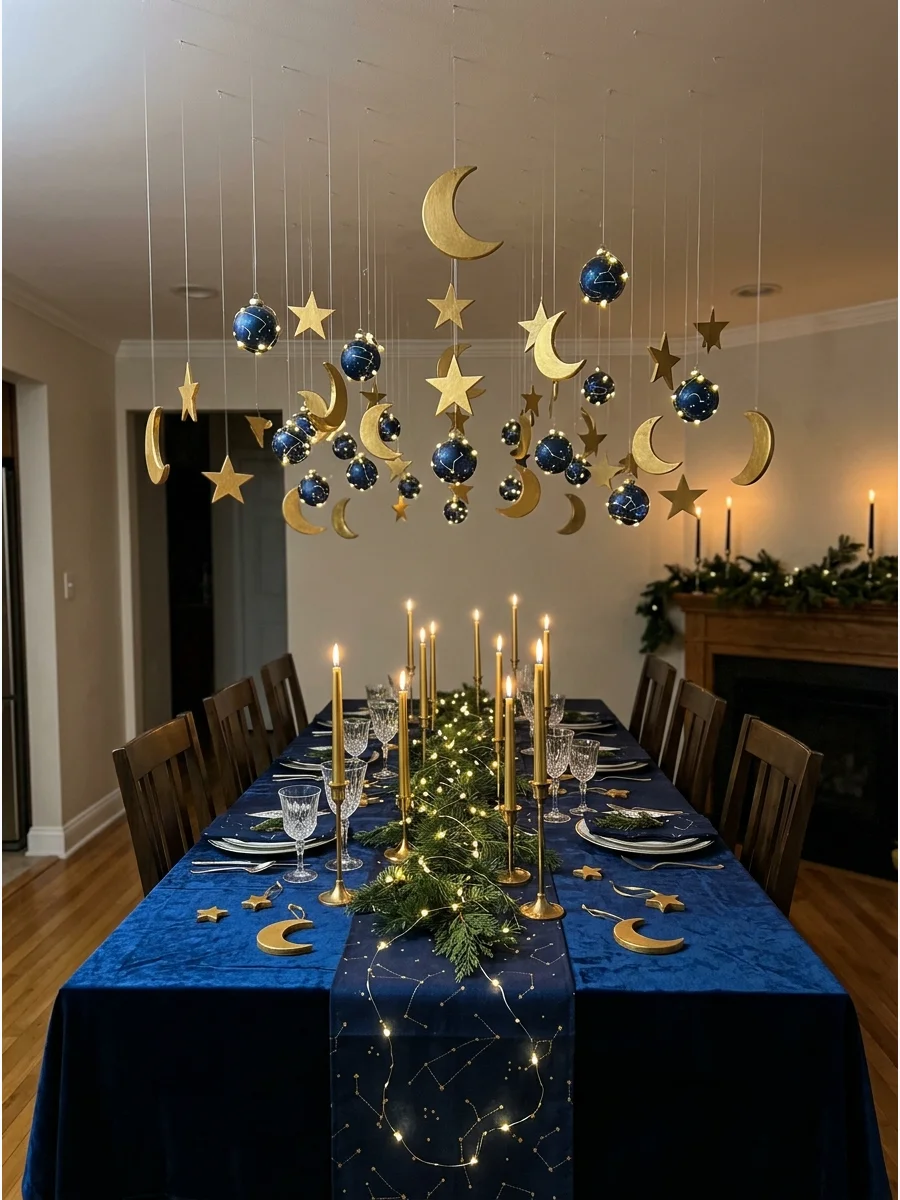Celestial Christmas party with gold moons and midnight blue decor.