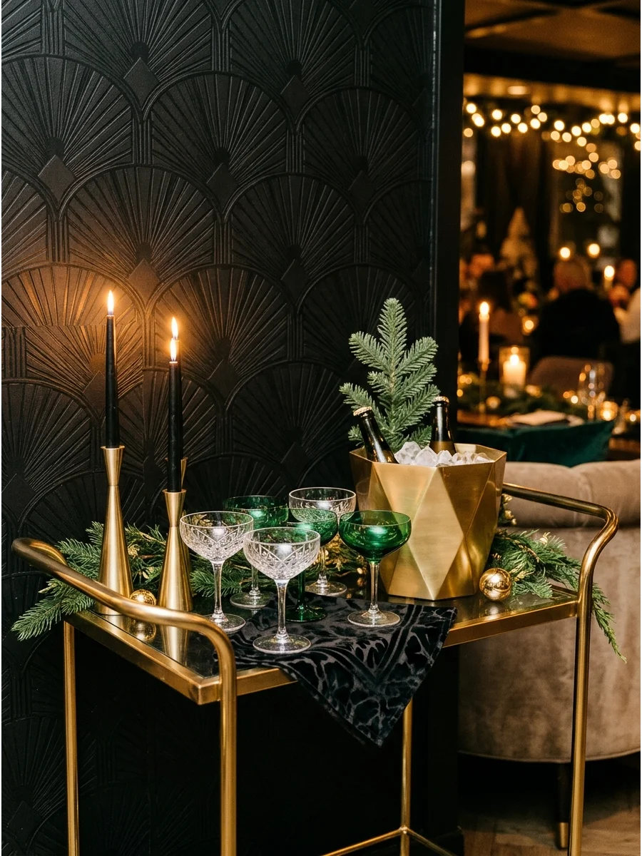 Art Deco Christmas bar cart with emerald and gold details.