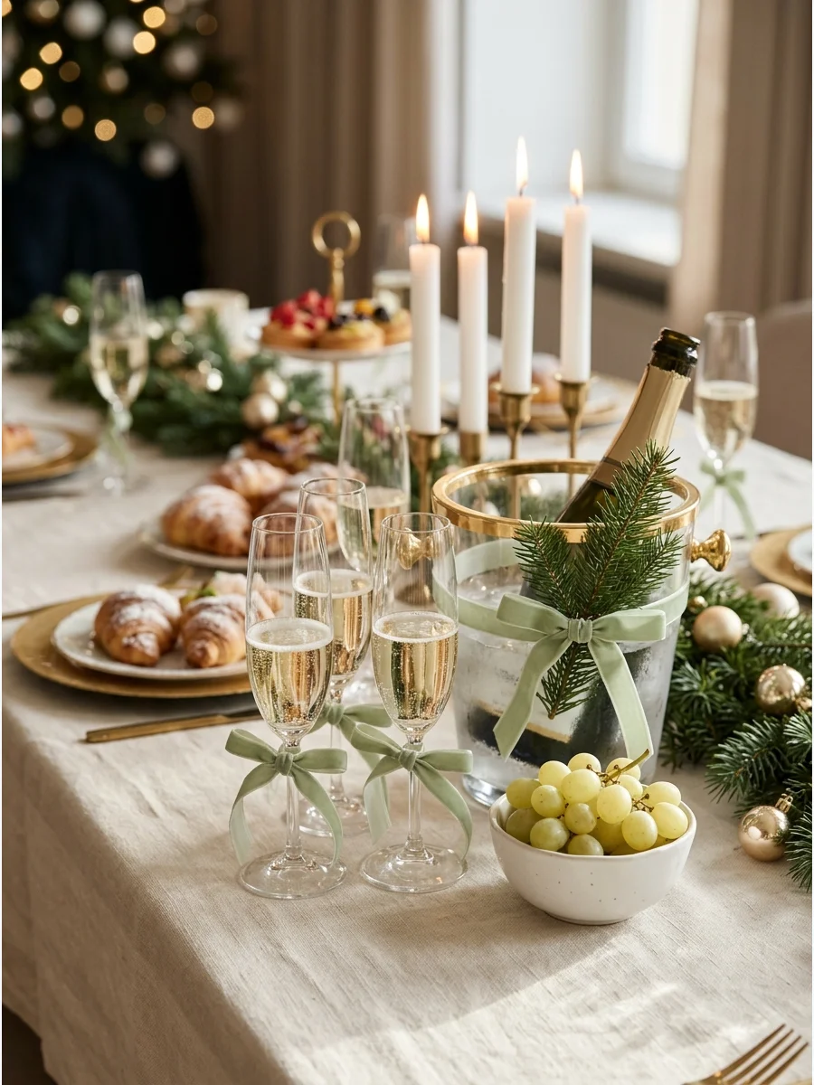 Champagne gold and ivory Christmas brunch table setting.