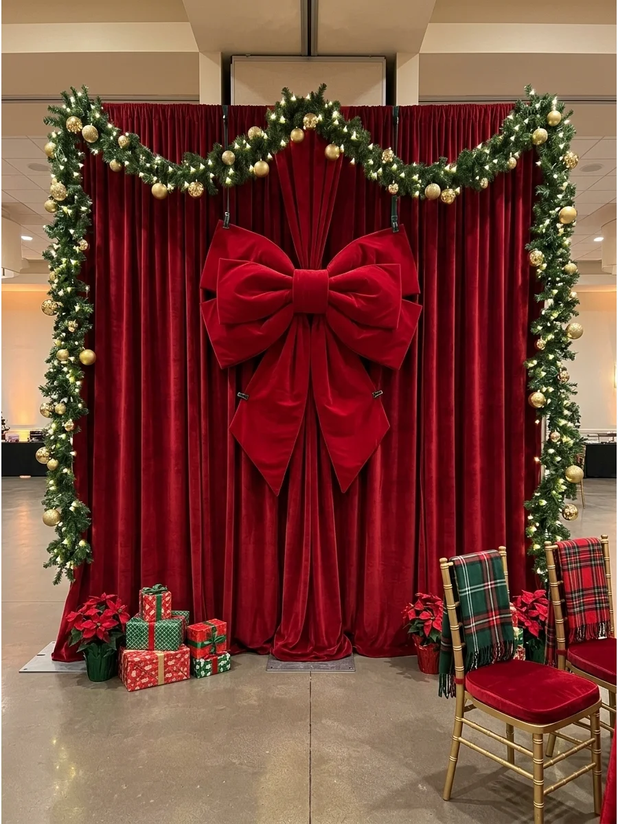 A formal Christmas photo backdrop with red velvet curtains and a large central bow.