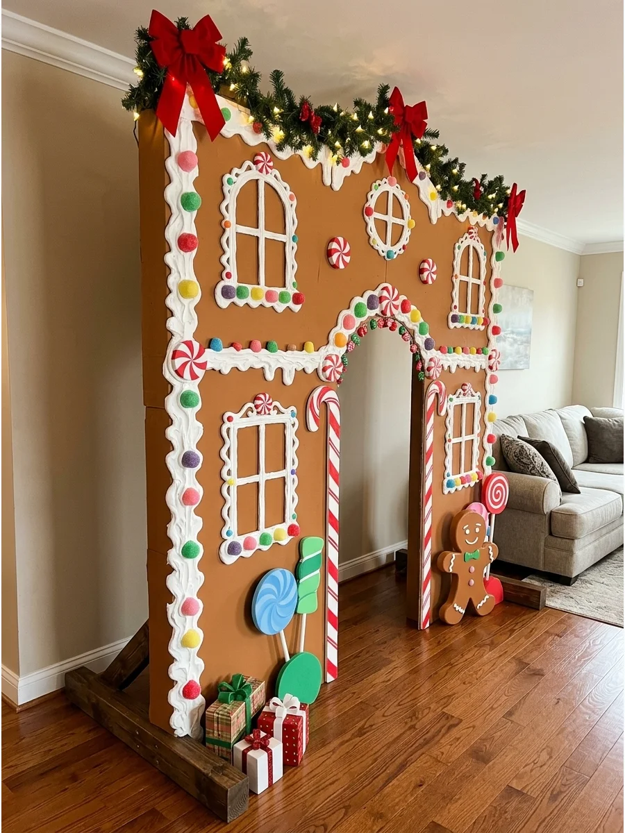 A flat cardboard gingerbread house backdrop with white trim and colorful candy props.