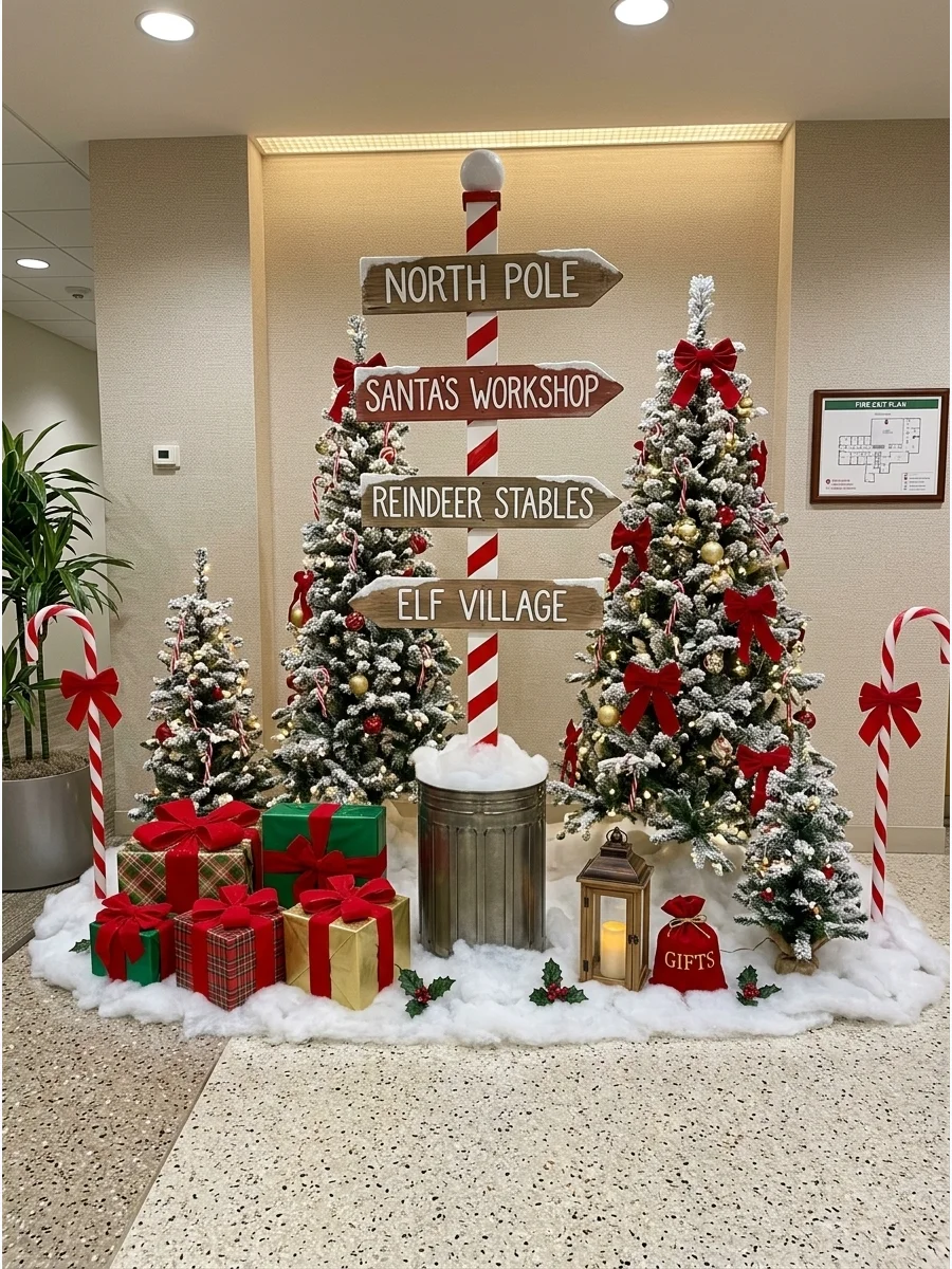 A North Pole themed backdrop with a signpost and candy-cane poles.