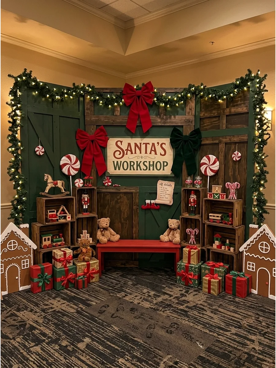A Santa's workshop backdrop with wooden toys and festive greenery.