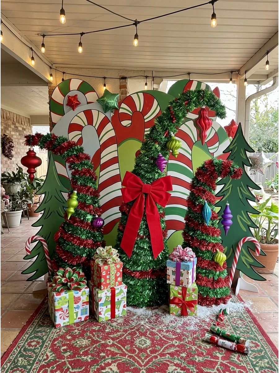A whimsical Whoville-style backdrop with crooked trees and bright colors.