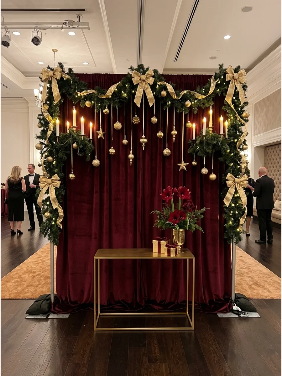 A luxurious burgundy and gold backdrop with festive greenery.