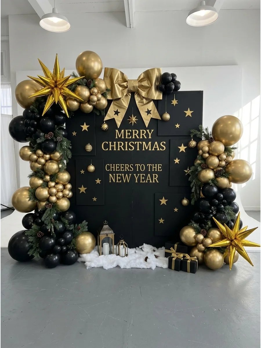 A modern black and gold Christmas backdrop with metallic accents.