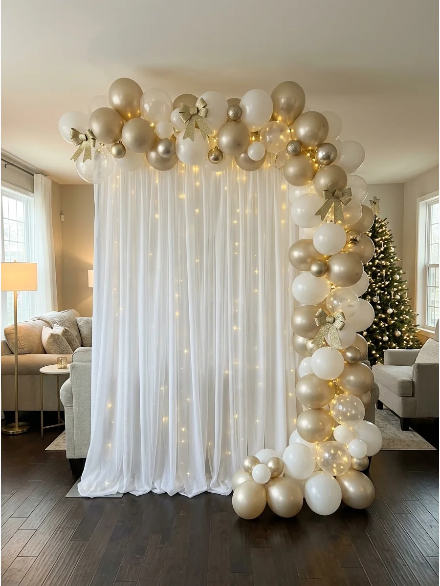 An elegant white and gold backdrop with soft lighting and balloons.