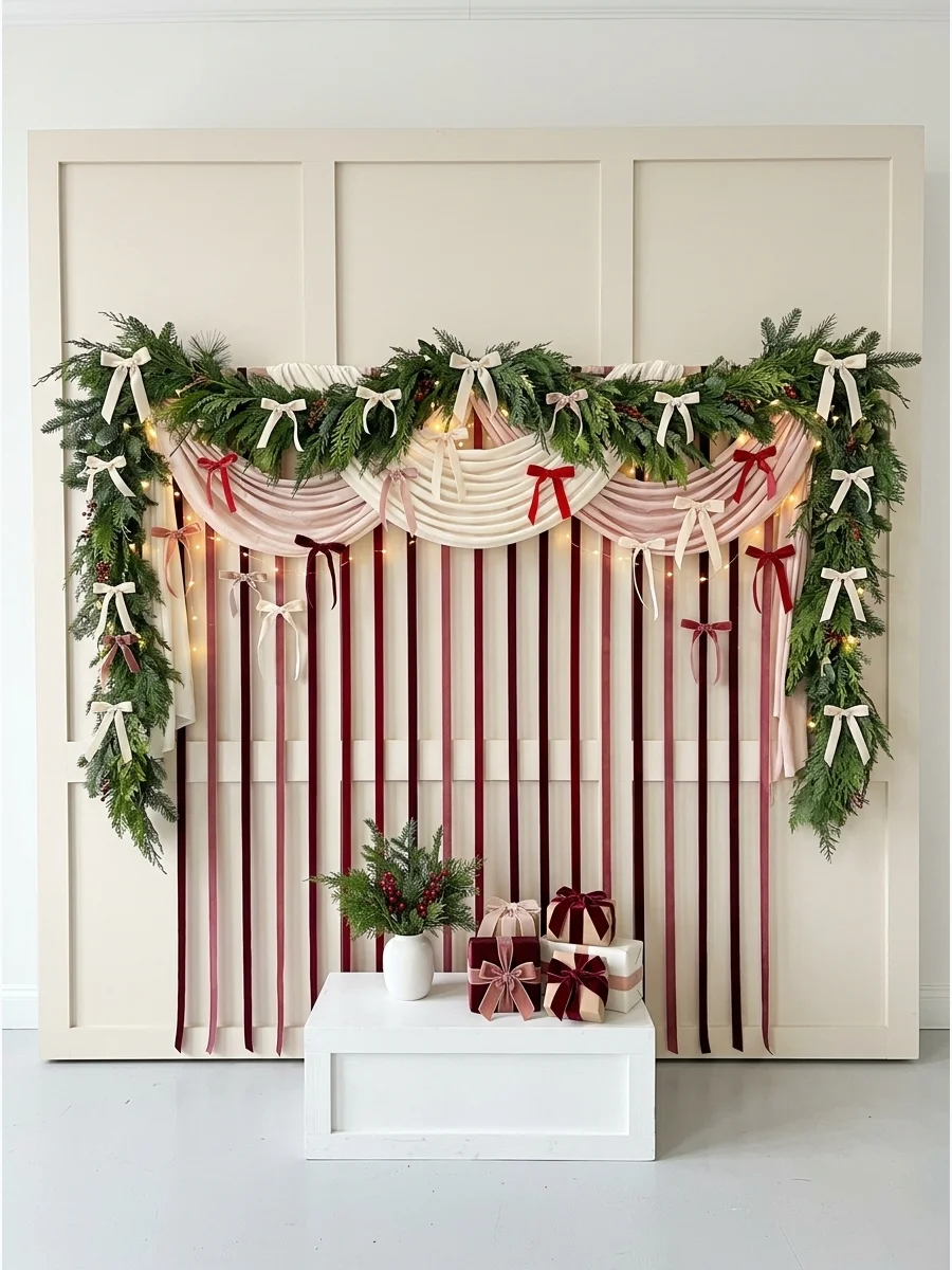 A soft cream and burgundy ribbon backdrop with greenery and delicate bows.