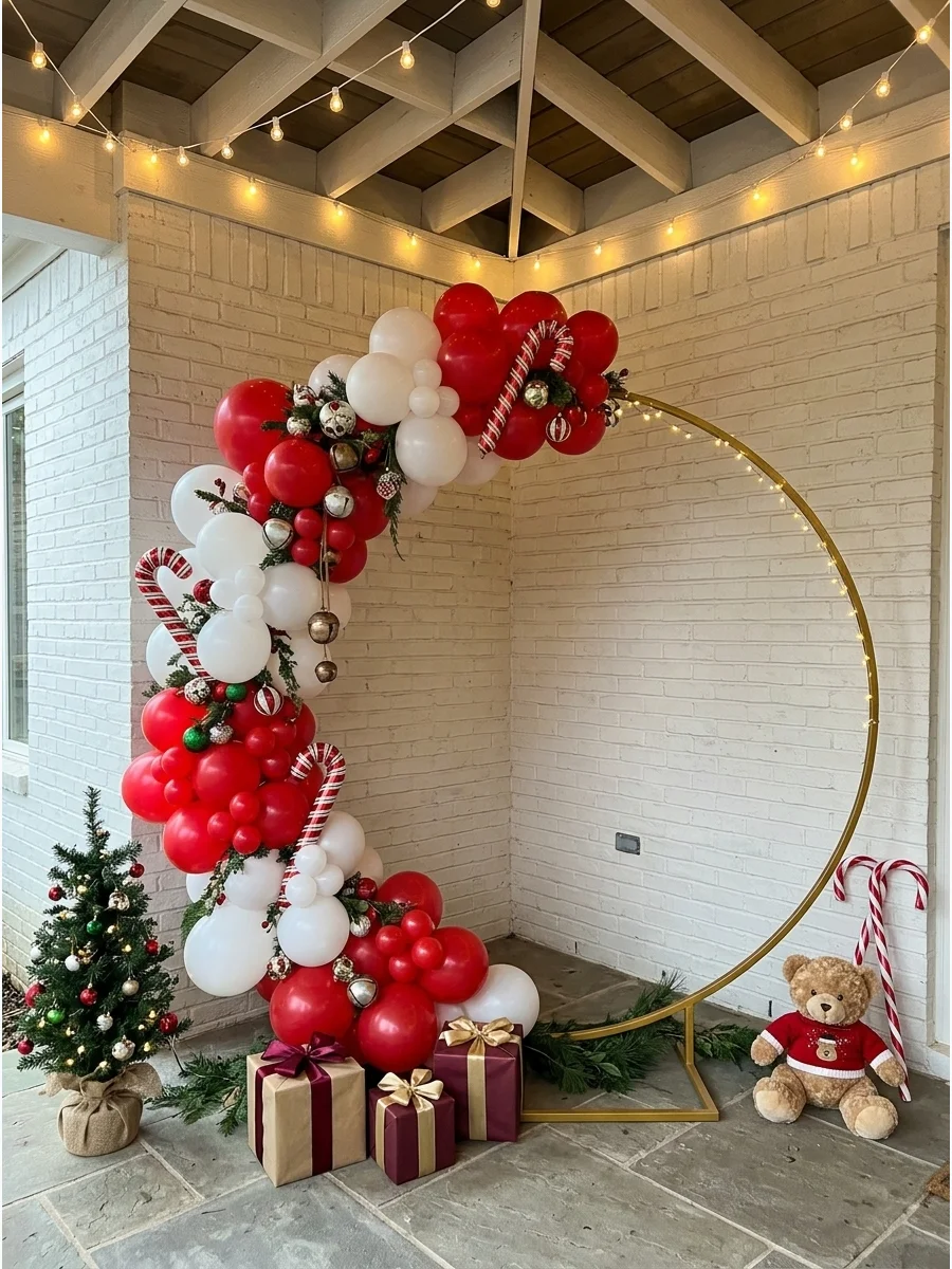 A circular gold frame decorated with red and white balloons and candy canes.