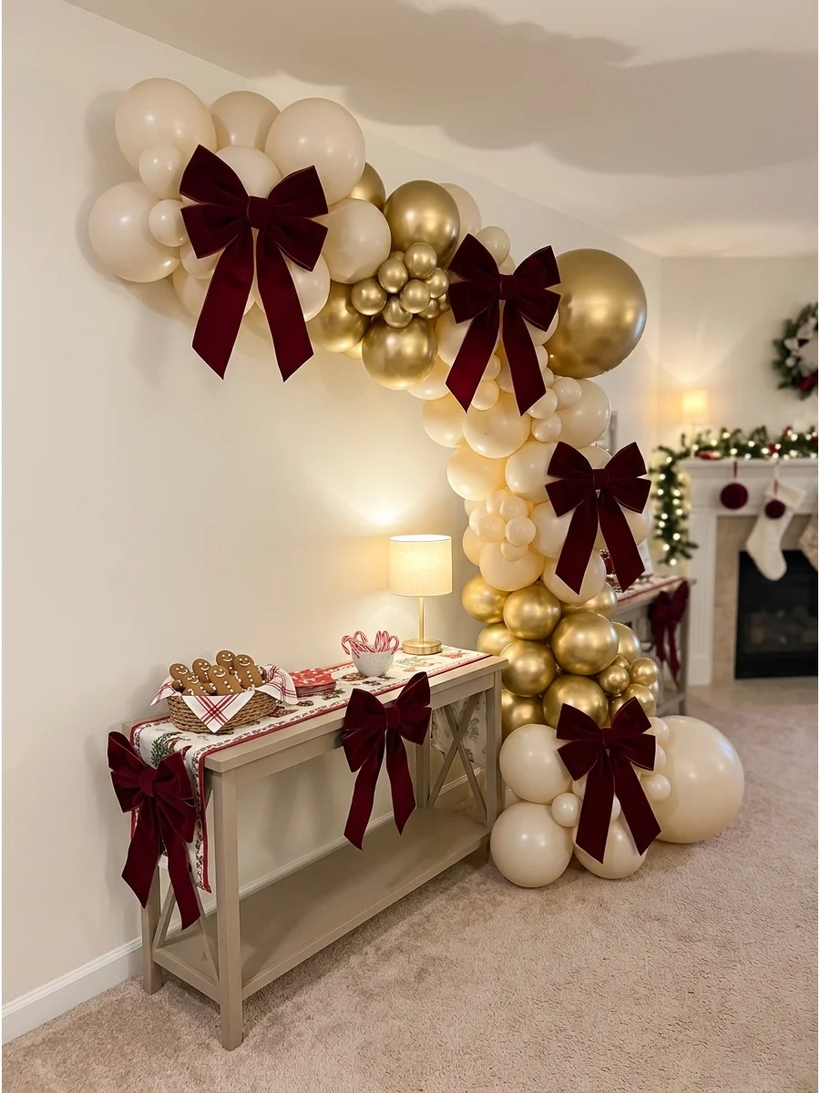 A cream and gold balloon arch accented with large burgundy velvet bows.