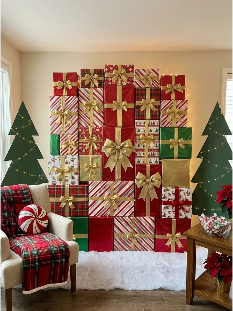 A photo backdrop made entirely of stacked Christmas presents in red and green.