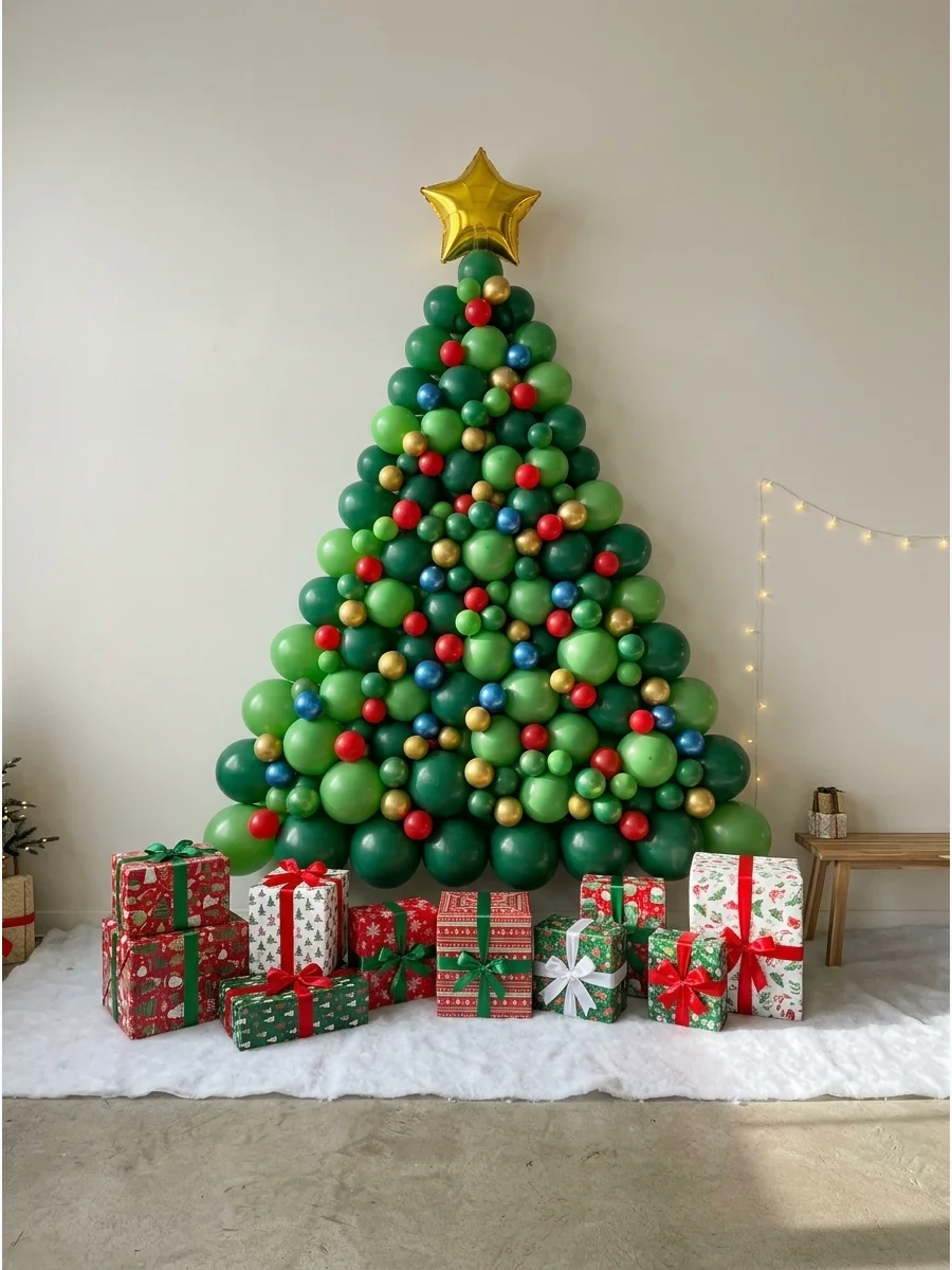 A balloon installation shaped like a Christmas tree on a studio wall.