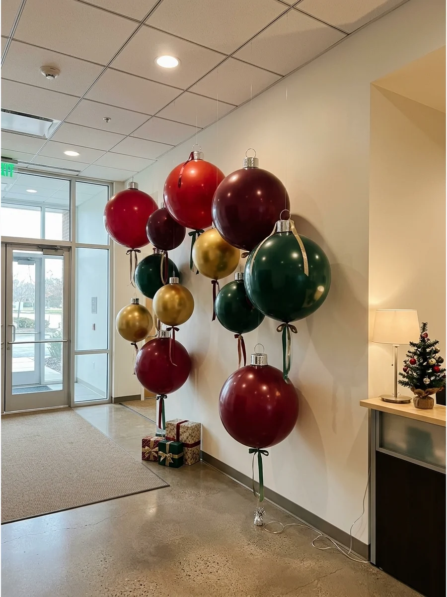Large red and gold balloons shaped like Christmas ornaments hanging in an office lobby.