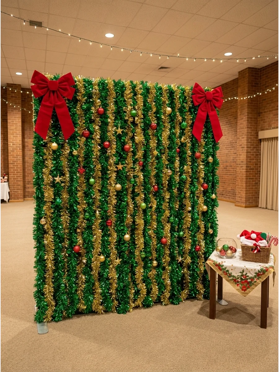 A dense wall of green and gold tinsel with red velvet bows in an event hall.