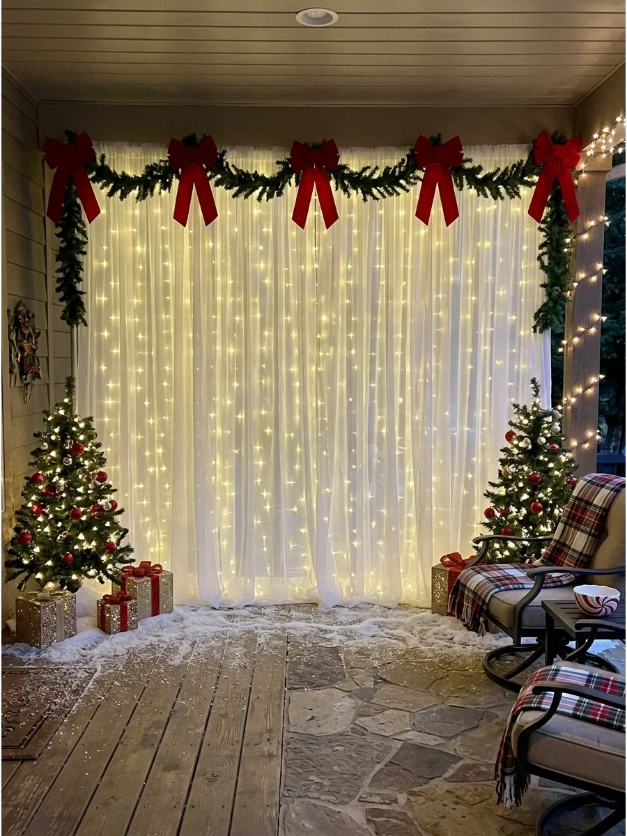 A glowing white fabric backdrop with curtain lights and evergreen garland.