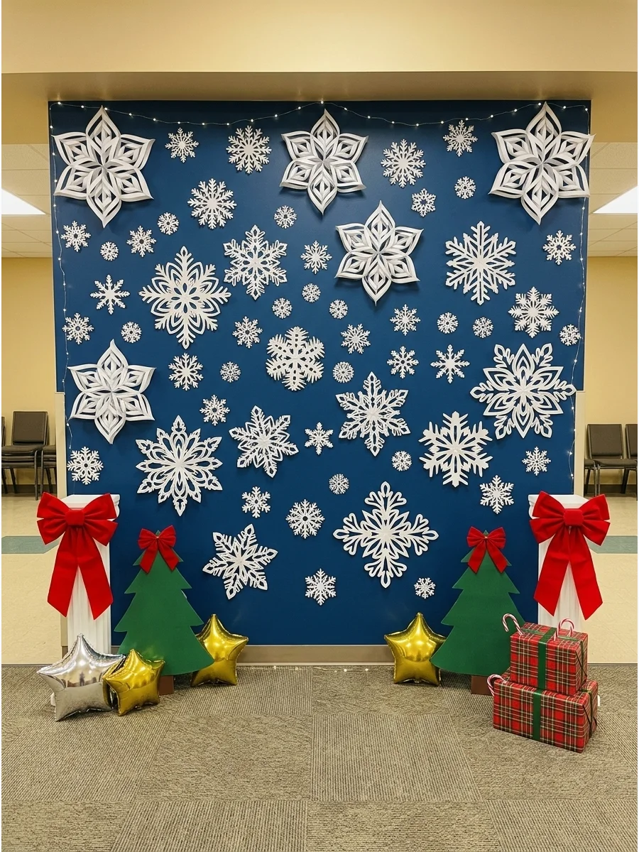 White paper snowflakes attached to a dark green wall for a Christmas backdrop.