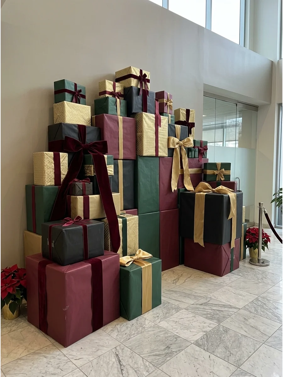 Large wrapped gift boxes stacked against a wall to create a photo backdrop.