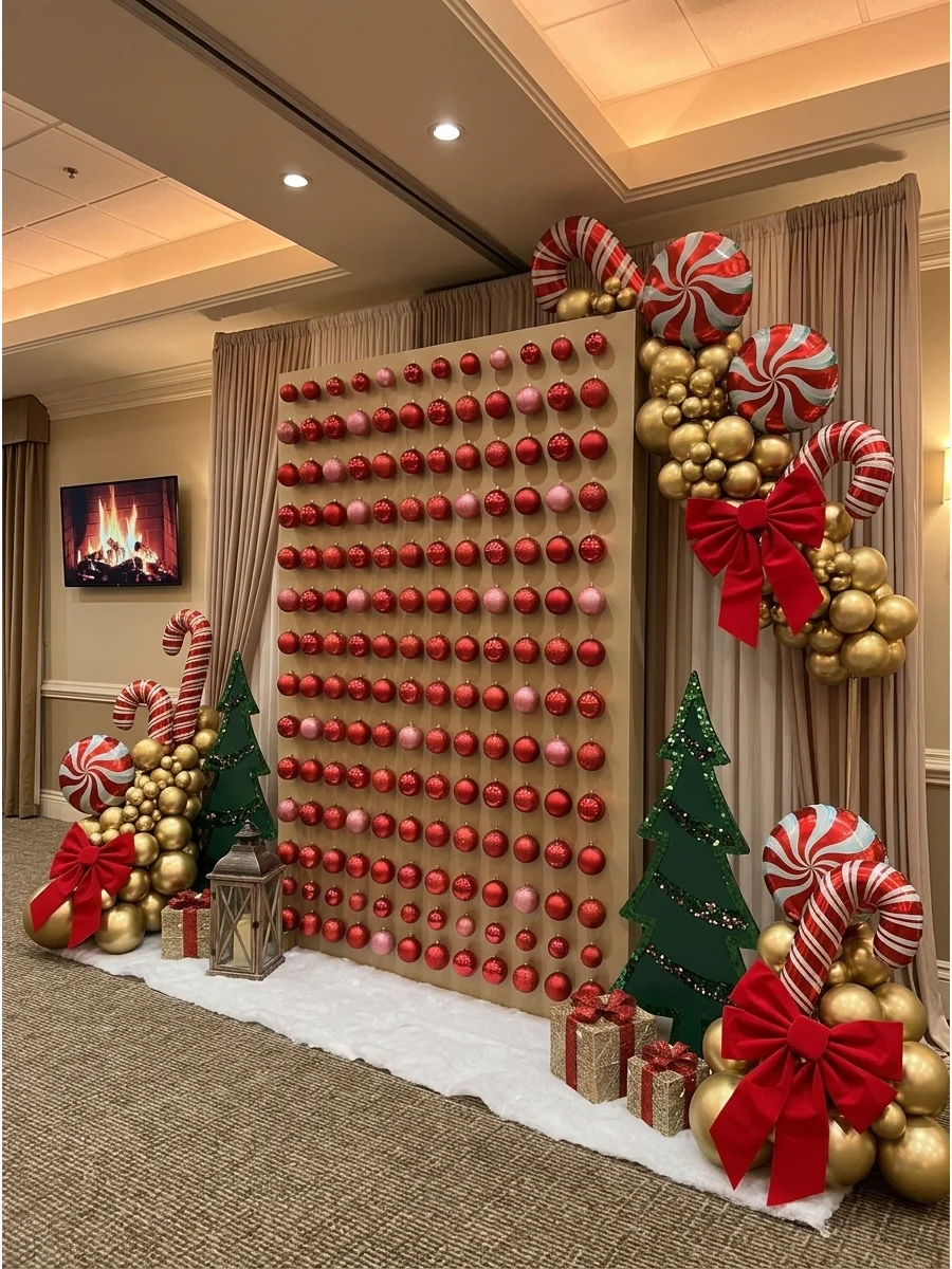 A solid wall panel covered in hundreds of red and pink Christmas ornaments.