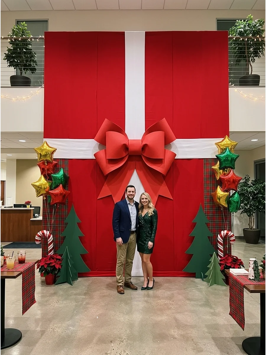 A red backdrop designed to look like a giant wrapped Christmas present.