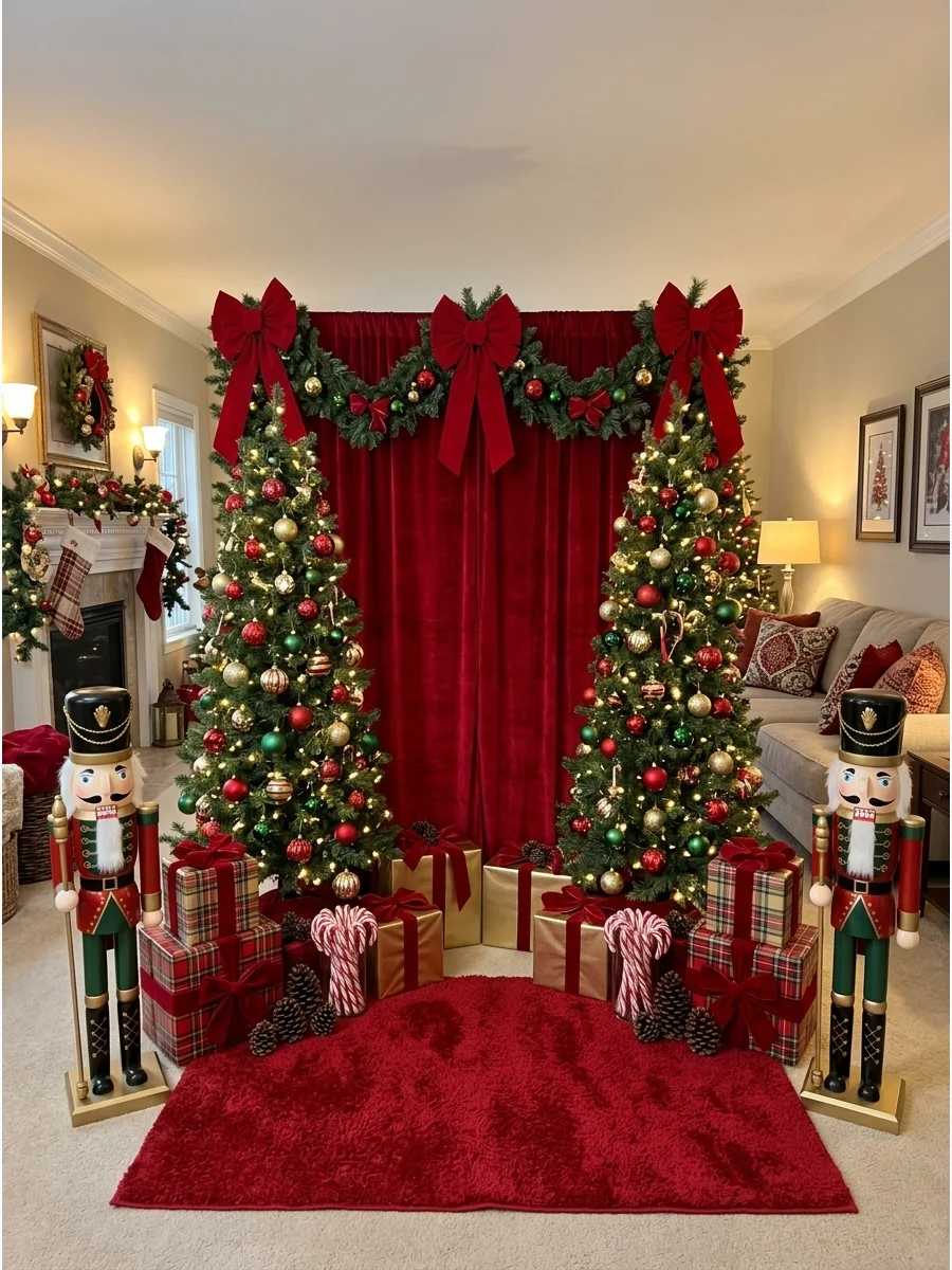 A symmetrical Christmas backdrop with two nutcrackers and red velvet bows.