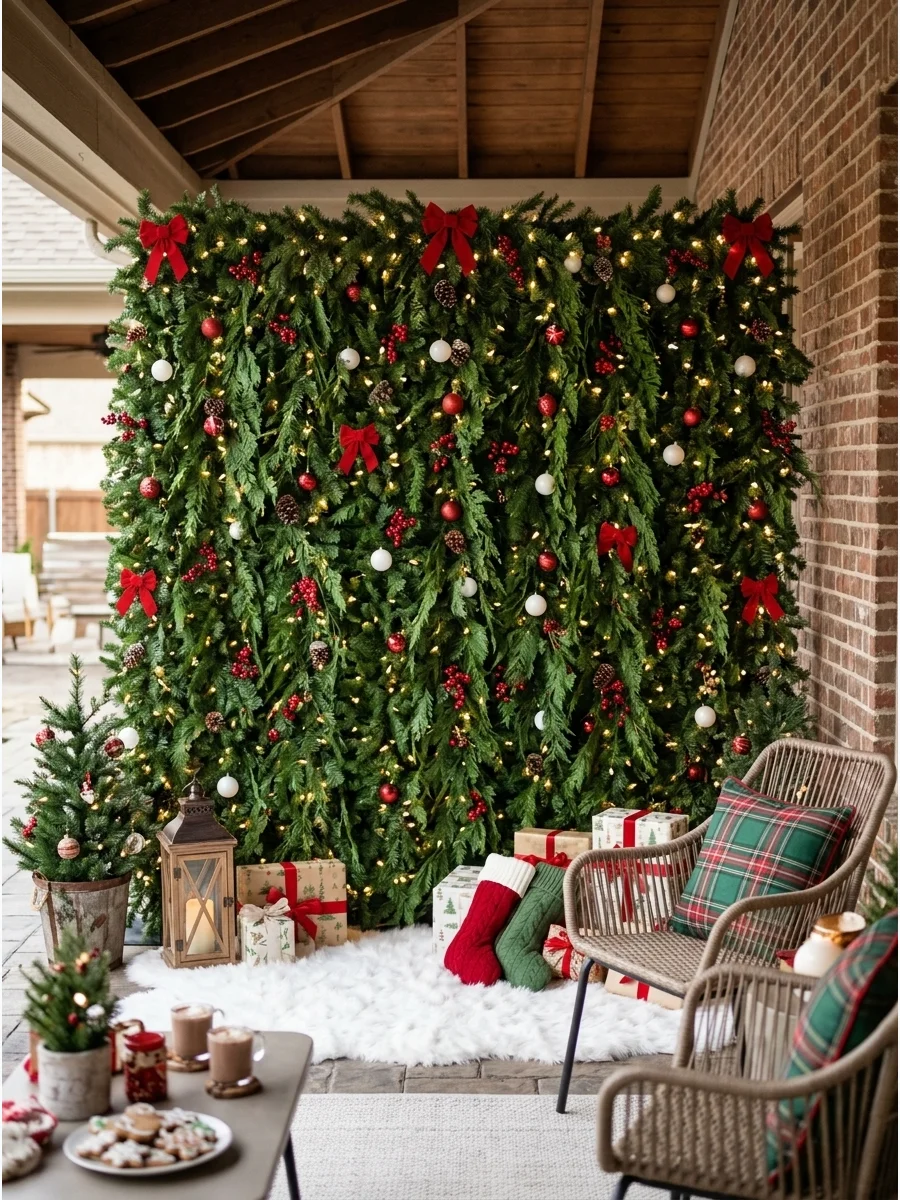 A lush wall of green pine garlands with warm holiday lights.