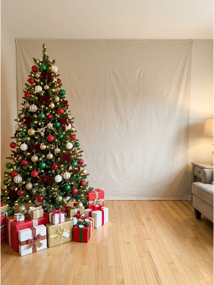 A classic photo area featuring a decorated Christmas tree and a neutral background.