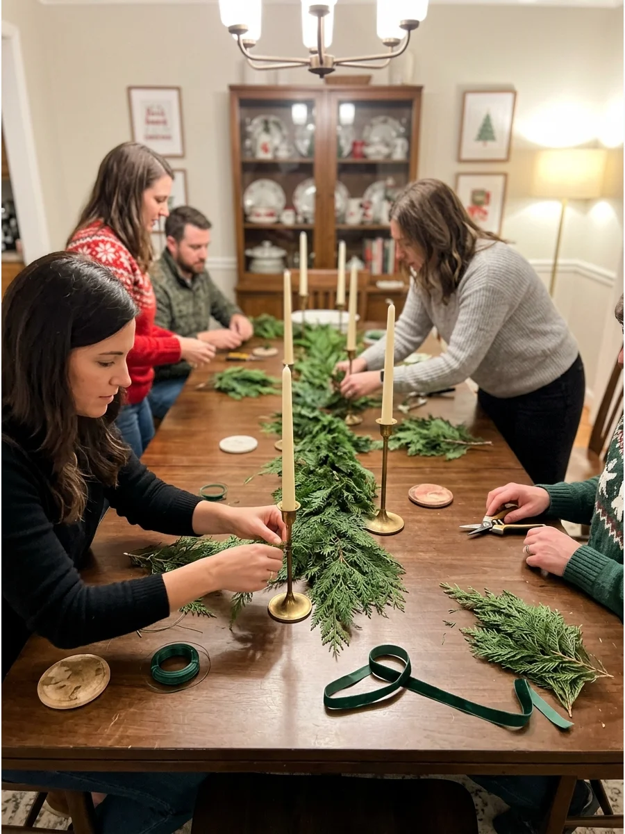 Guests arranging evergreen branches and gold taper candles on a long table.