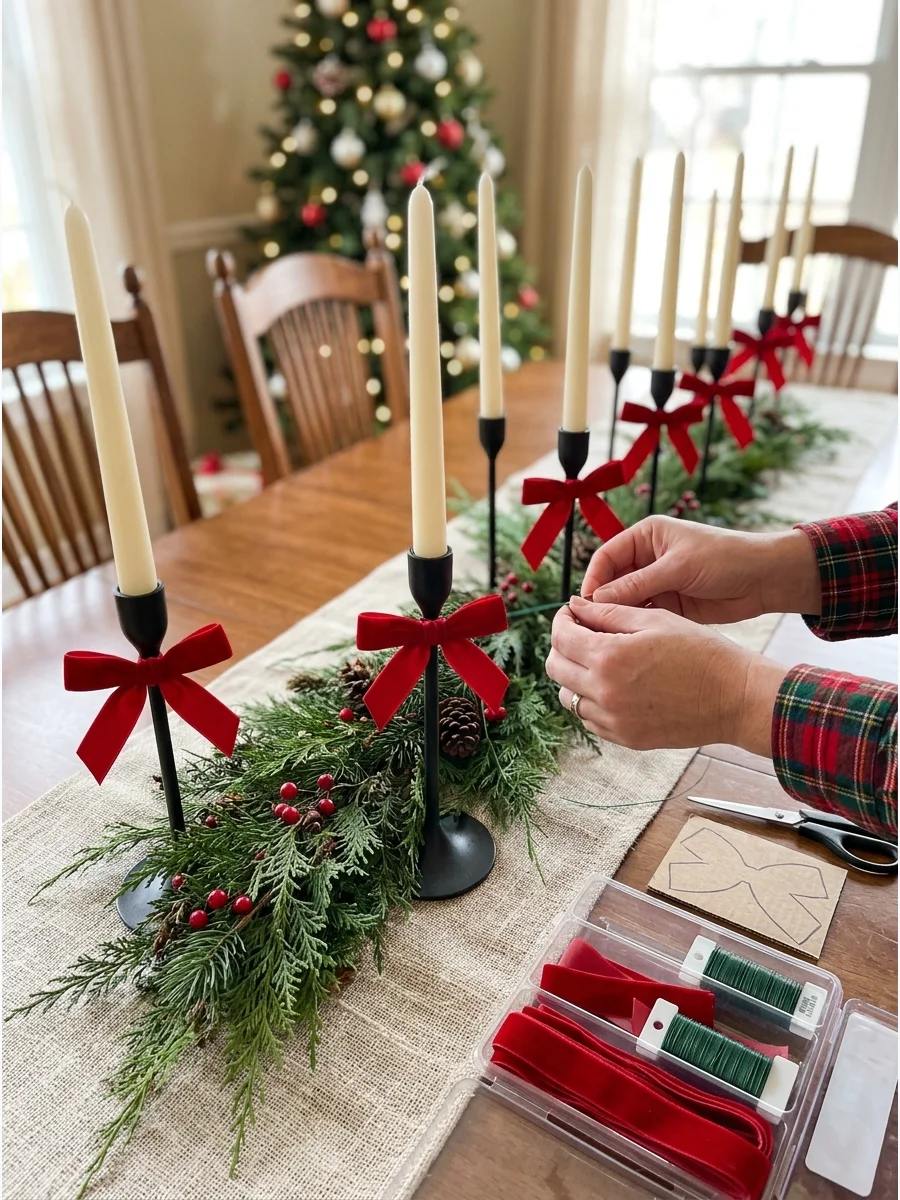 Taper candleholders with small red velvet bows tied to the stems.