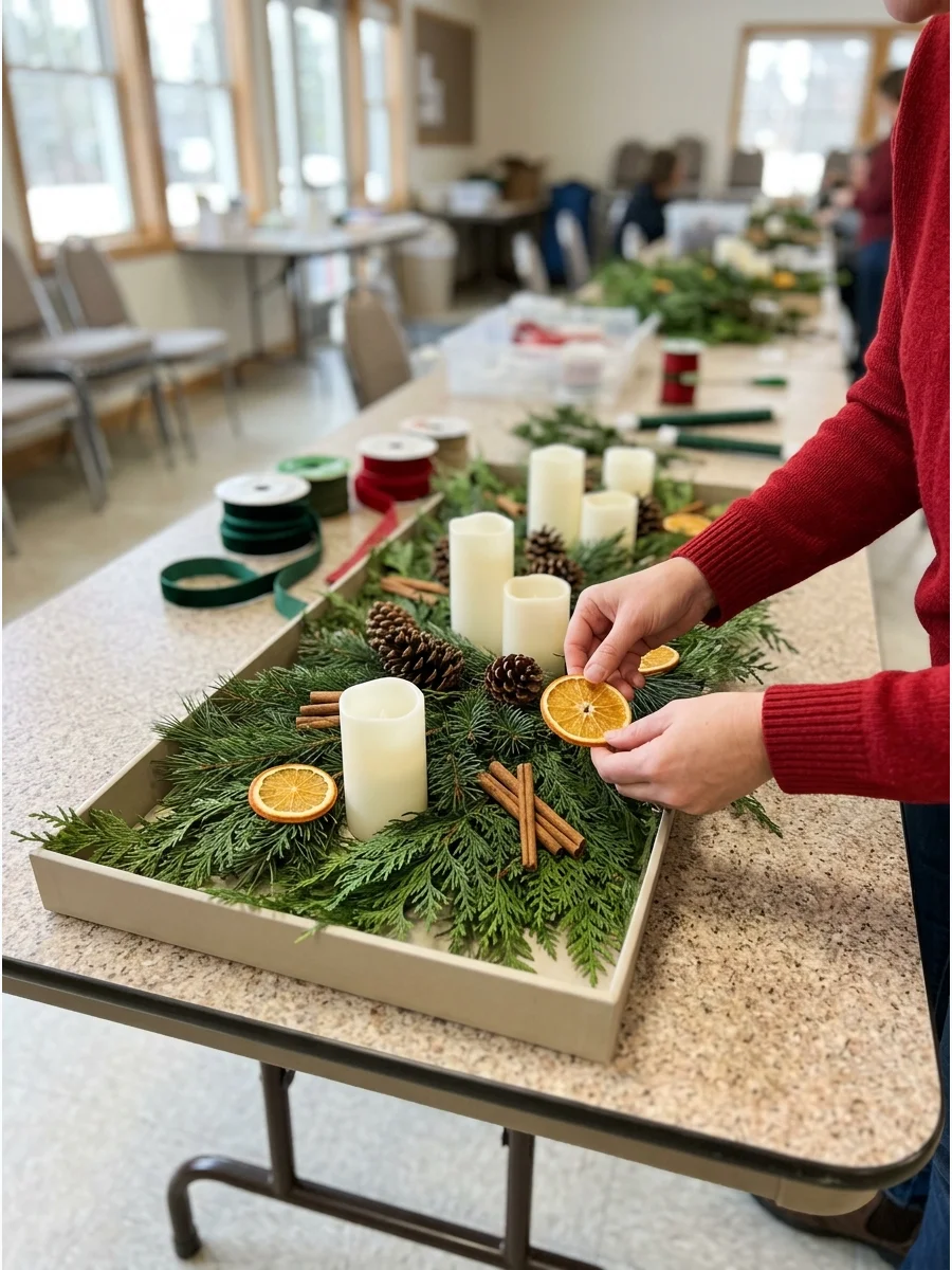 Hands arranging dried orange slices and cedar branches on a tray.