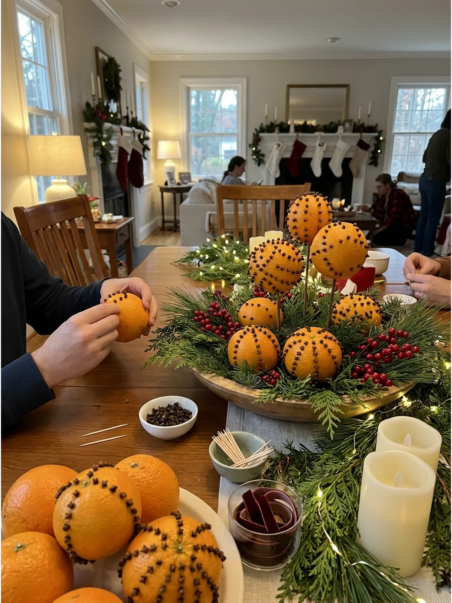 A finished orange pomander resting in a bowl of greenery.
