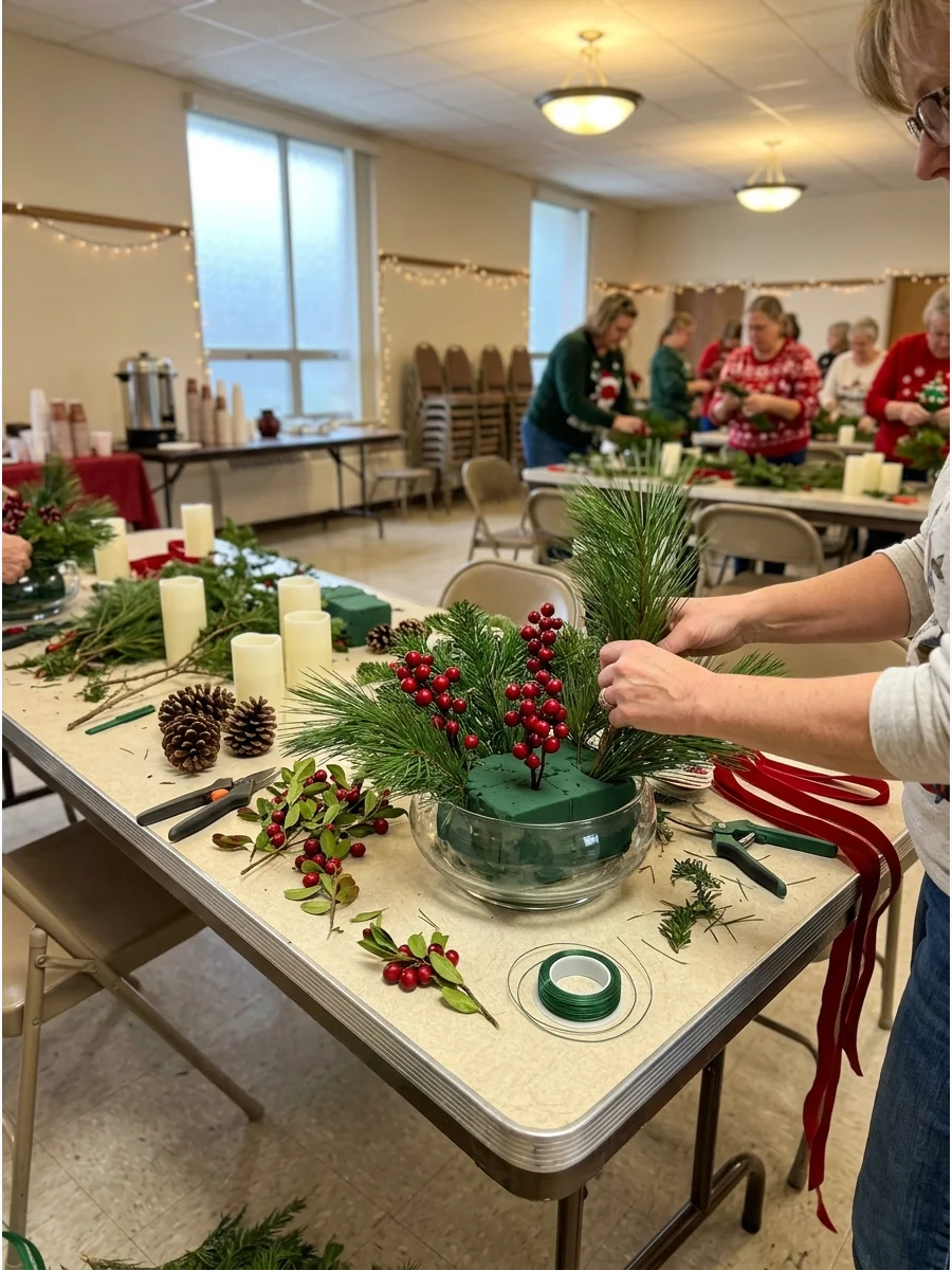 A centerpiece bowl featuring pine branches and red cranberries.
