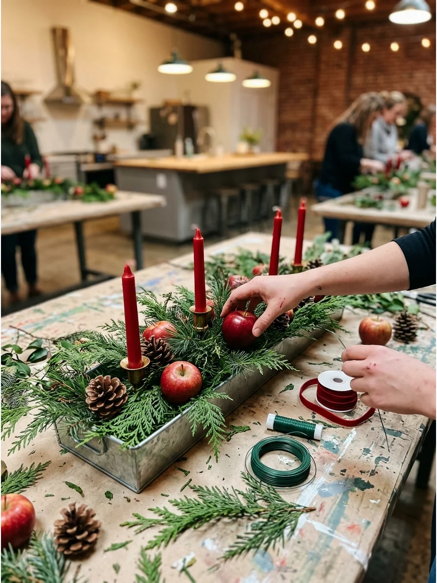 A long centerpiece tray filled with red apples and cedar.