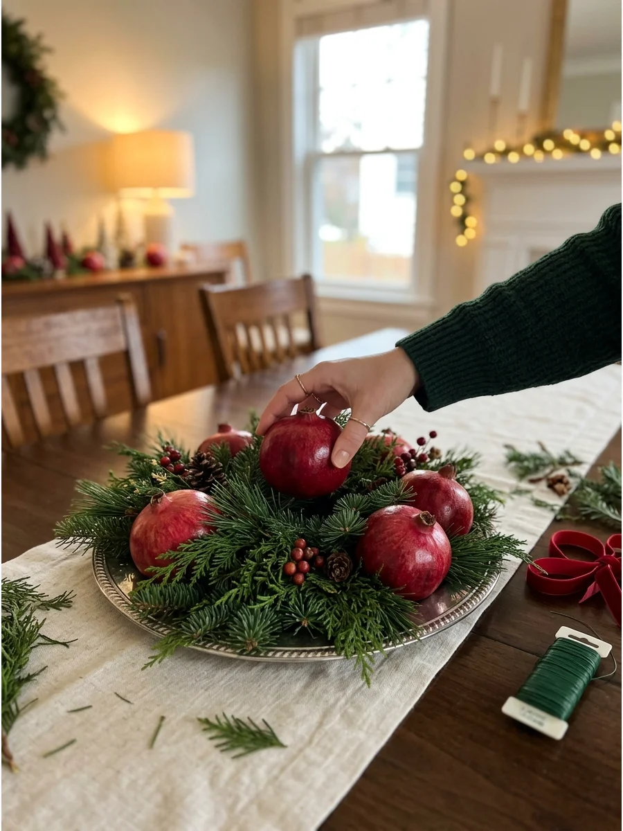 A silver platter with a pomegranate and evergreen branches.