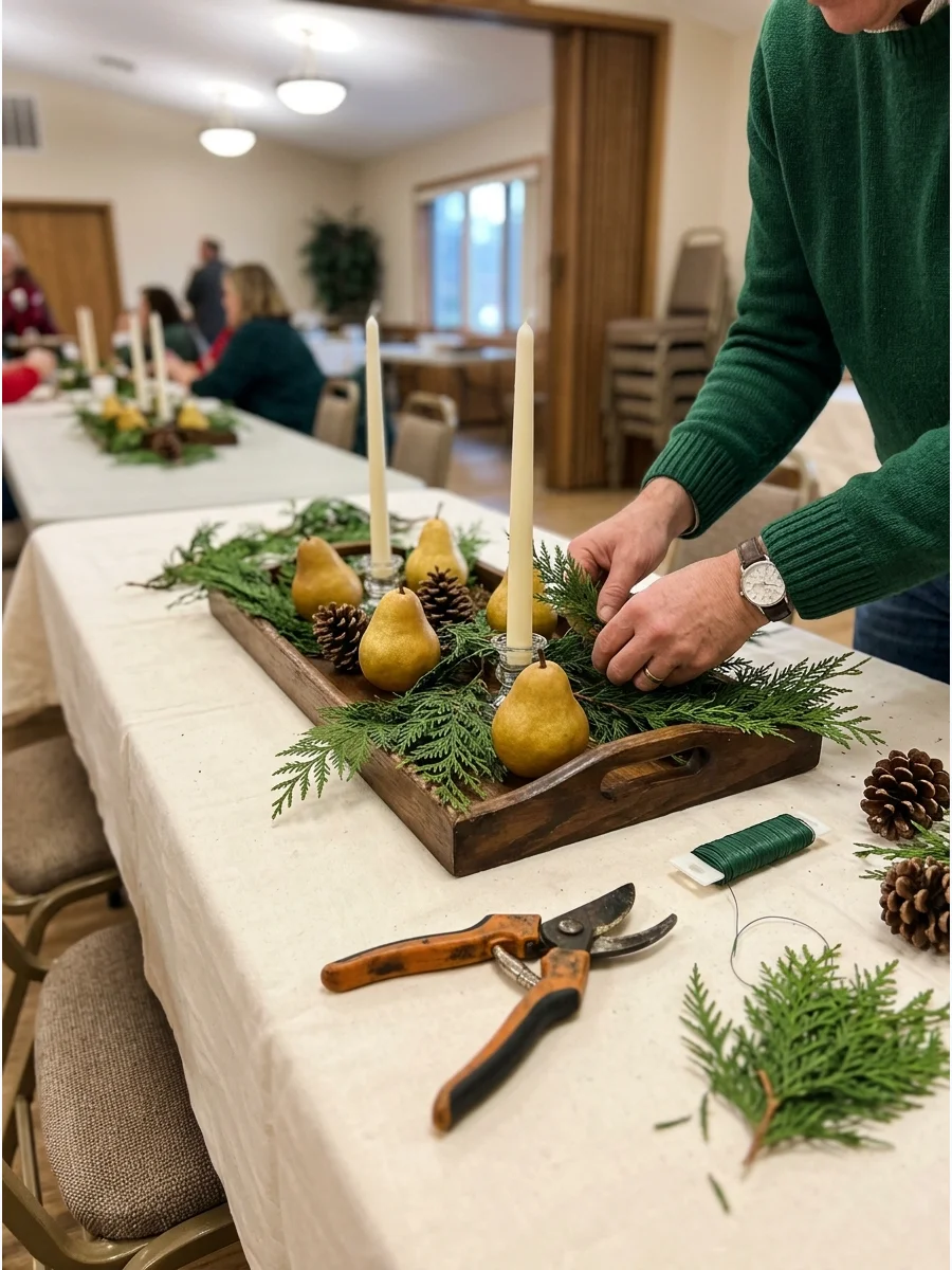 Golden pears and candles in a natural evergreen arrangement.