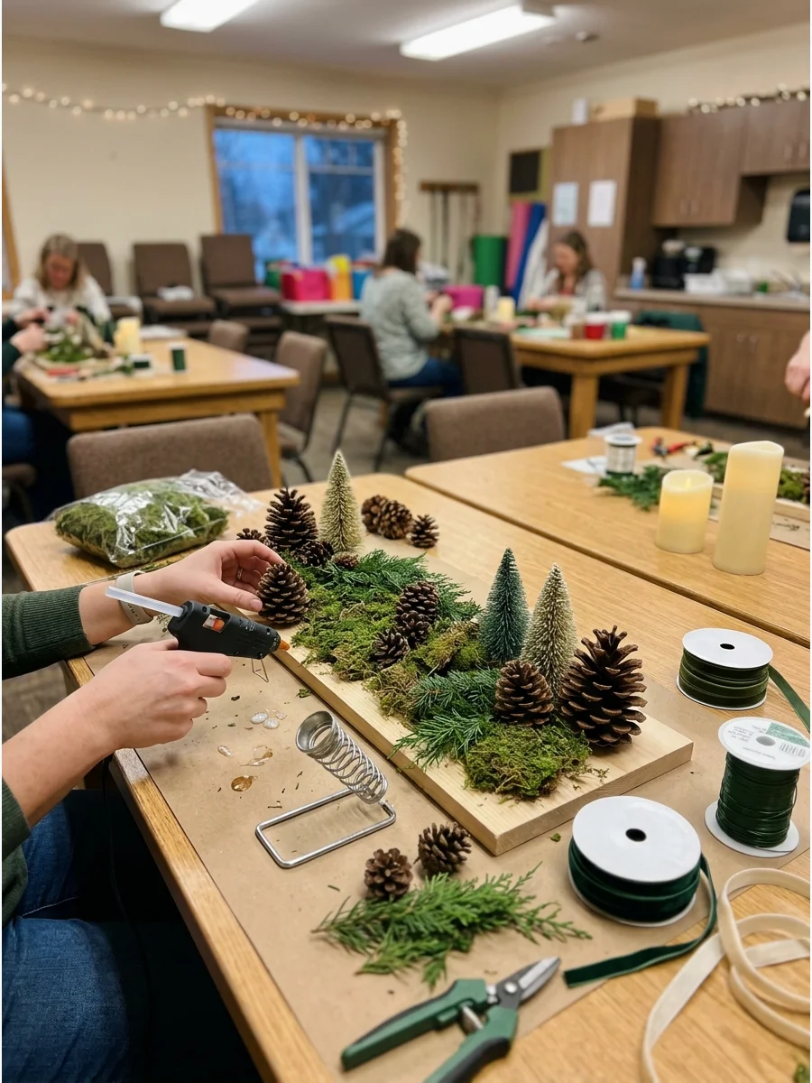 A woodland-themed centerpiece with pinecones and moss.