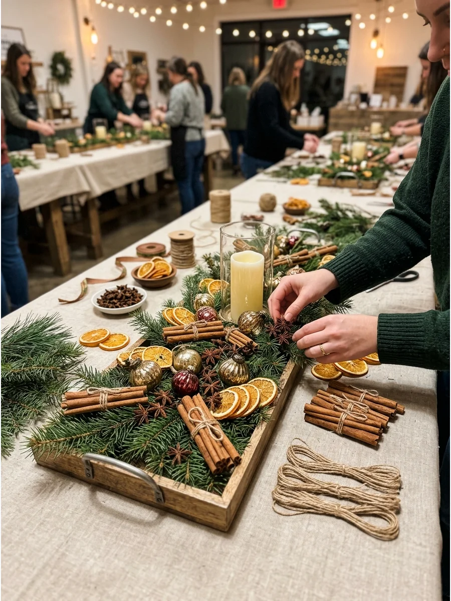 Cinnamon stick bundles and orange slices on a bed of pine.