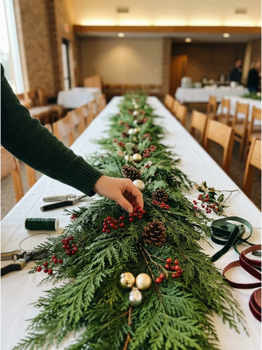 A long cedar garland runner being decorated with berries.