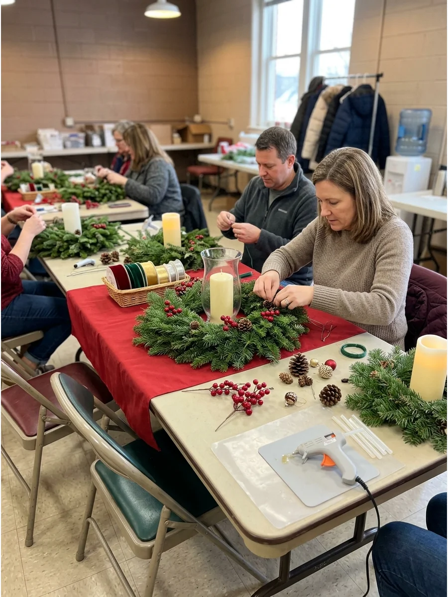 People decorating small evergreen wreaths with red berries and pinecones.