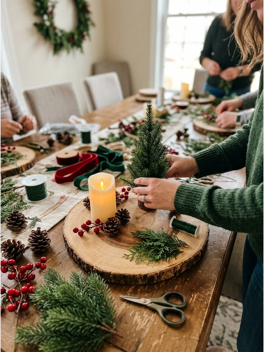 A wood slice centerpiece with a mini tree and a candle.