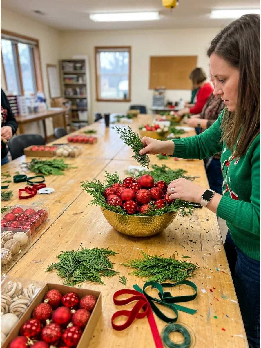of hands arranging ornaments and greenery in a bowl.