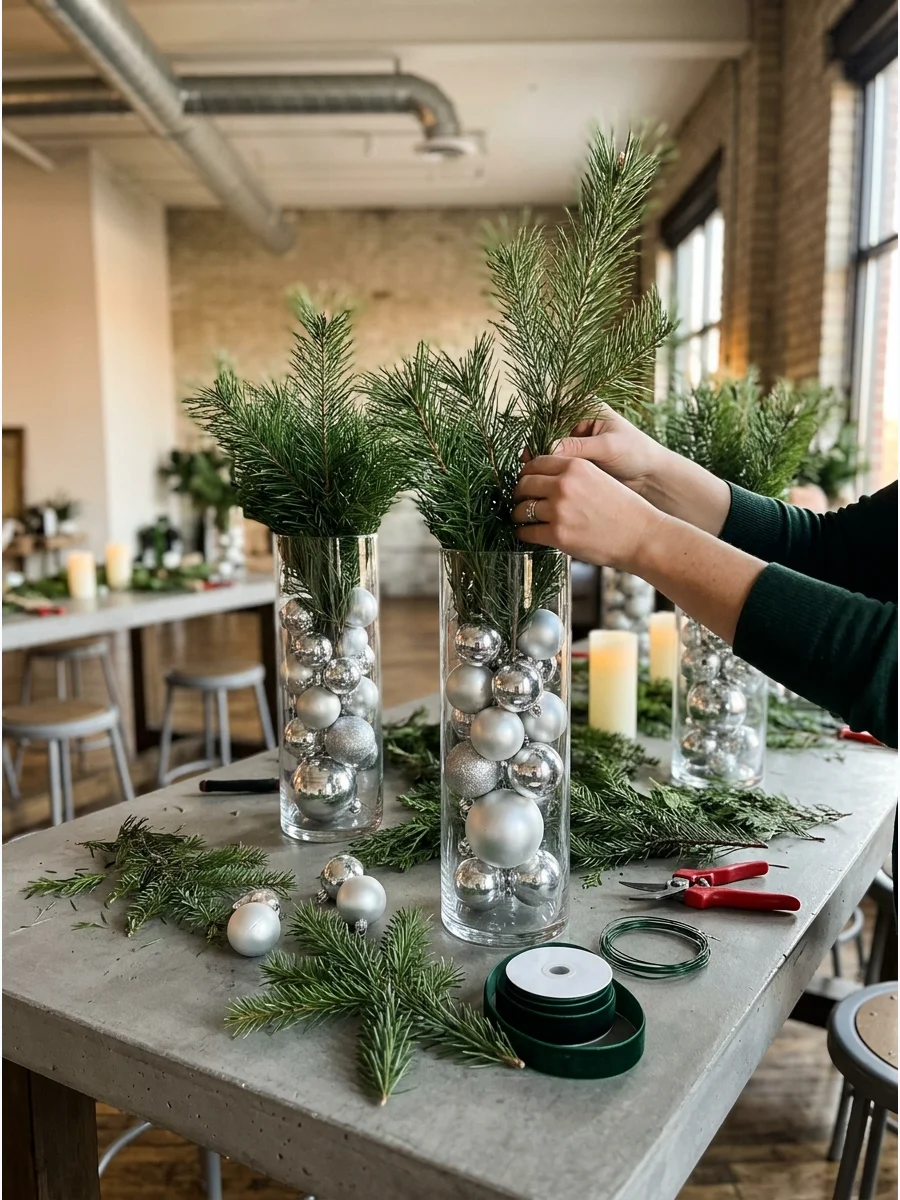 Tall glass vases filled with silver ornaments and pine branches.