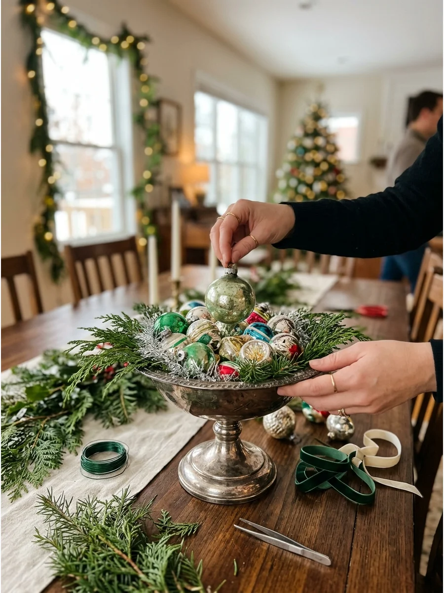 Hands placing a vintage ornament into a silver compote dish.
